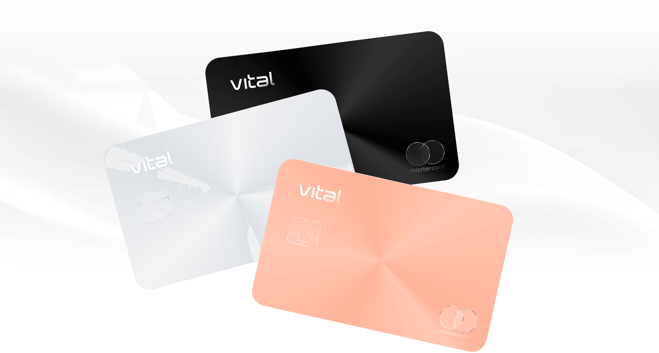 Three metal Vital Cards in three colors are staggered against a white and gray fluid background