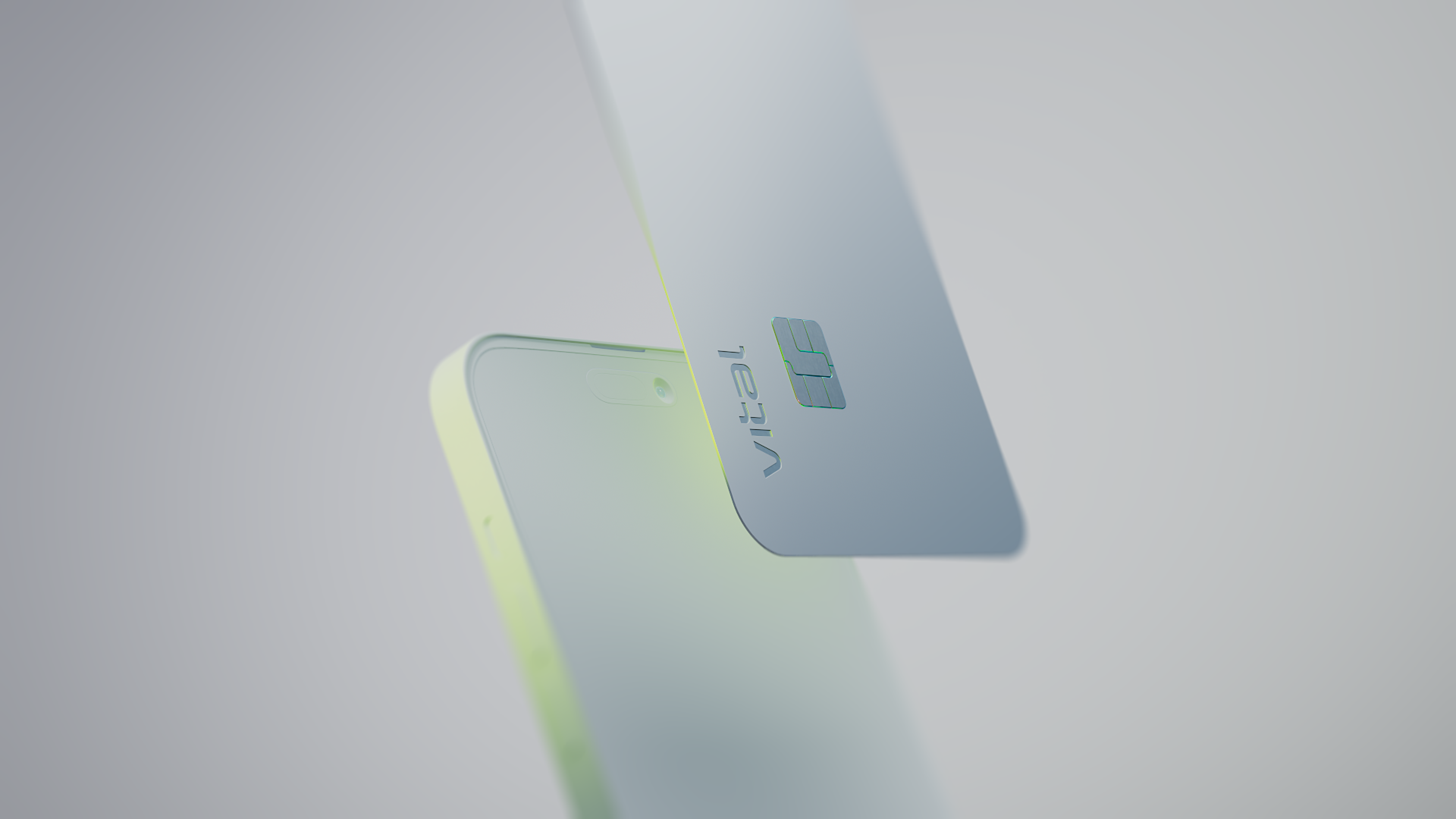 Against a gray background, a Vital Card orbits a white iPhone with a chartreuse glow