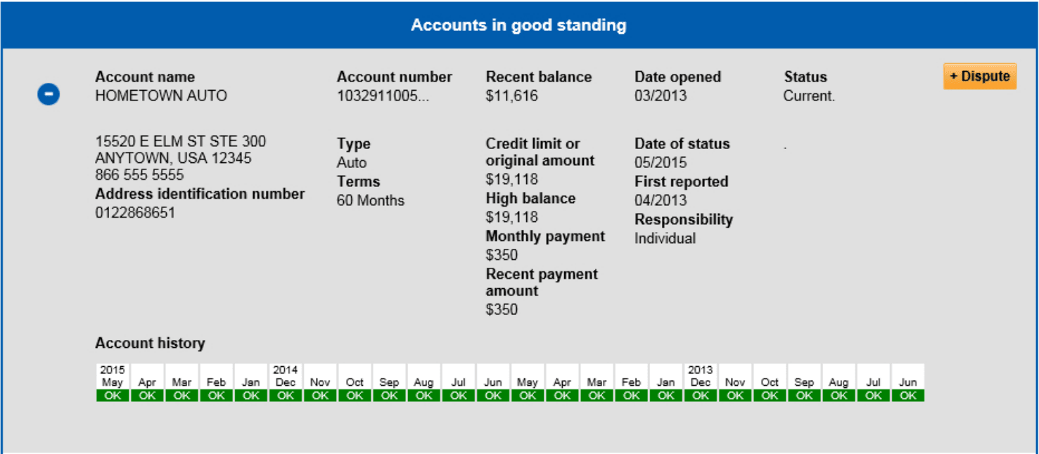 Section 3 of a credit report, titled "Accounts in good standing"