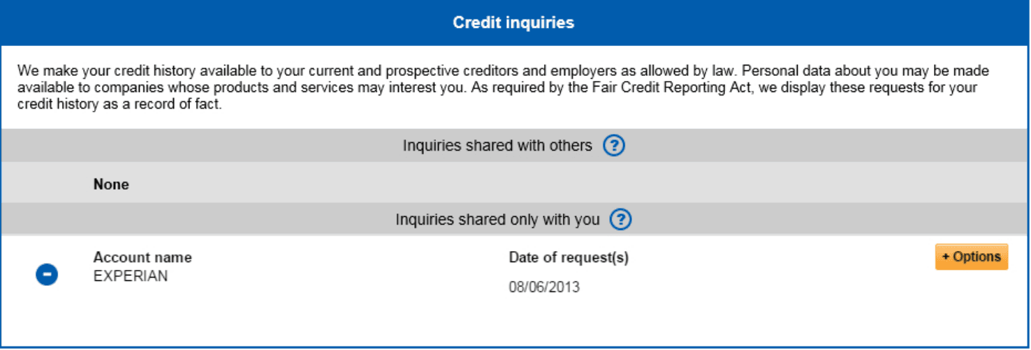 Section 4 of credit report, titled "Credit inquiries"