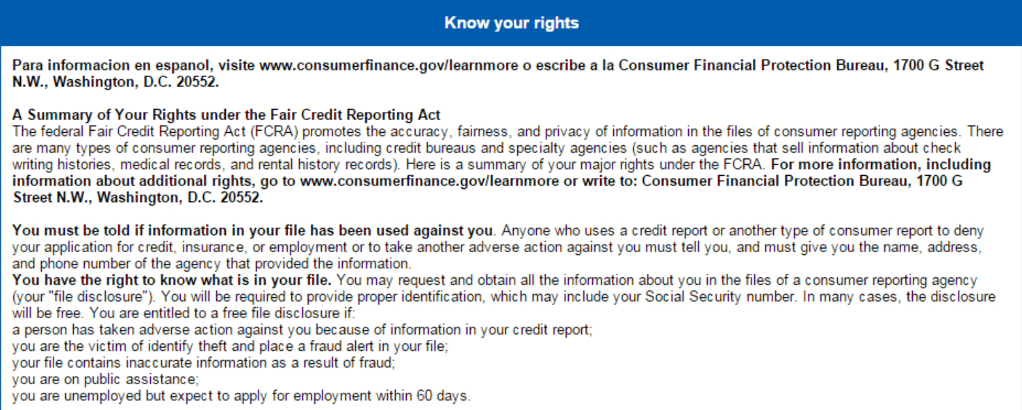 Section 5 of a credit report, titled "Know your rights"