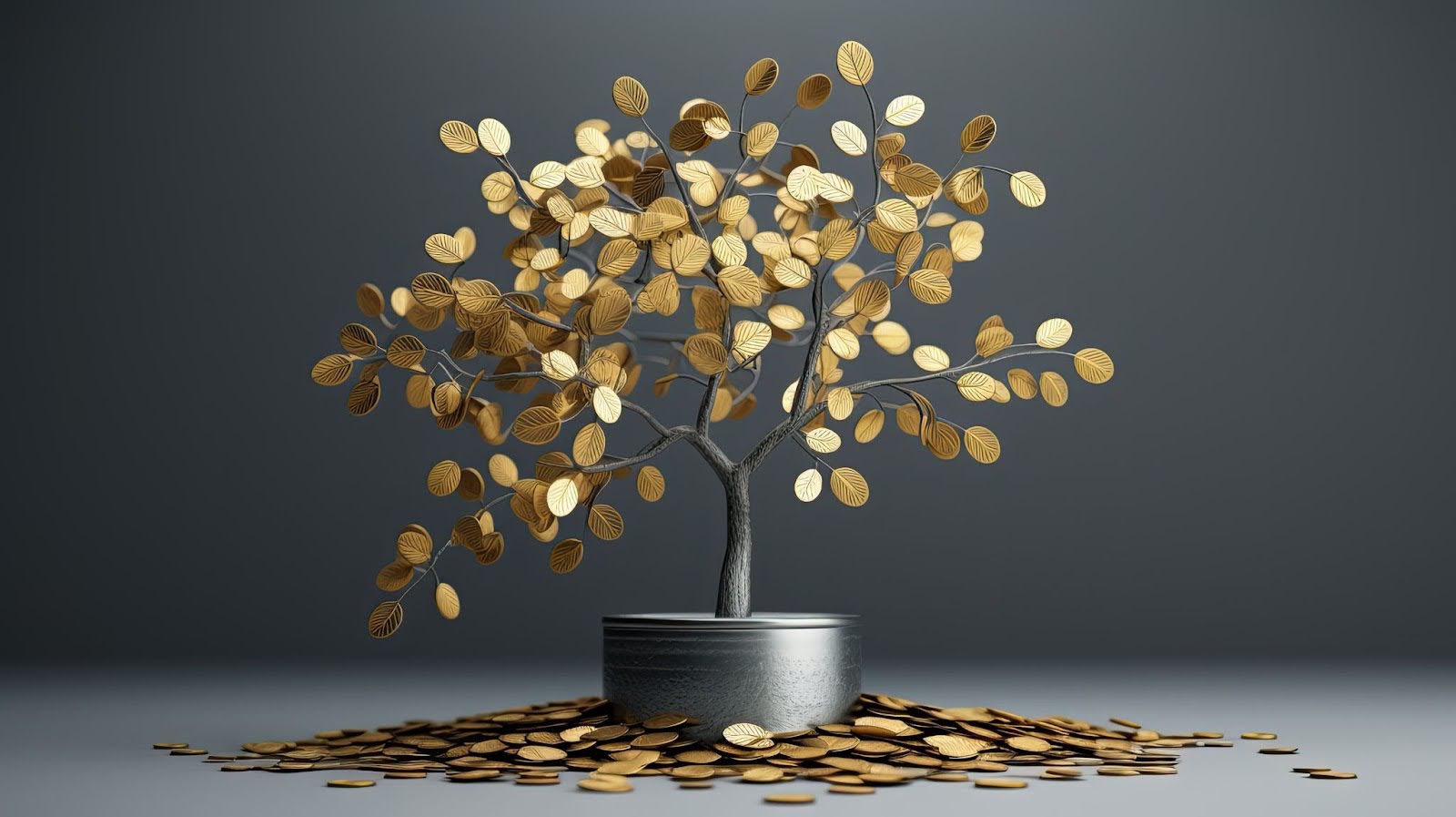 Potted tree drops gold, coin-like leaves